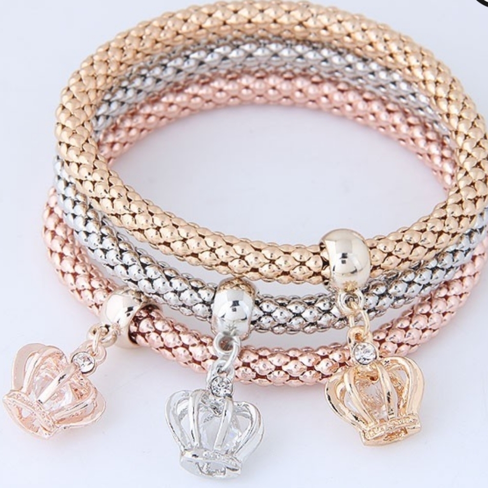 3 Tricolor Popcorn Stretch Crown Charm Bracelet - Picture 2 of 3